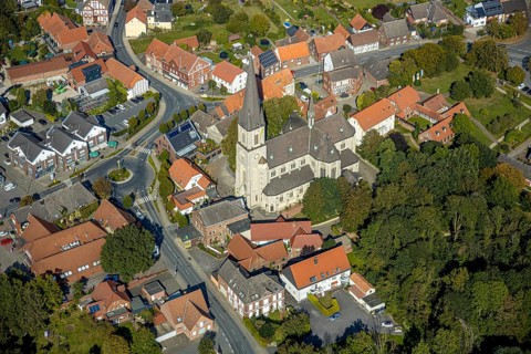 Aerial view, catholic church, pilgrimage basilica St. Ida, town centre Herzfeld, Lippetal, district
