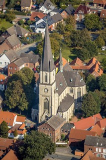 Aerial view, catholic church, pilgrimage basilica St. Ida, town centre Herzfeld, Lippetal, district