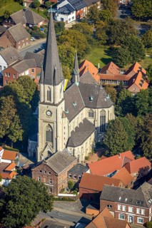 Aerial view, catholic church, pilgrimage basilica St. Ida, town centre Herzfeld, Lippetal, district