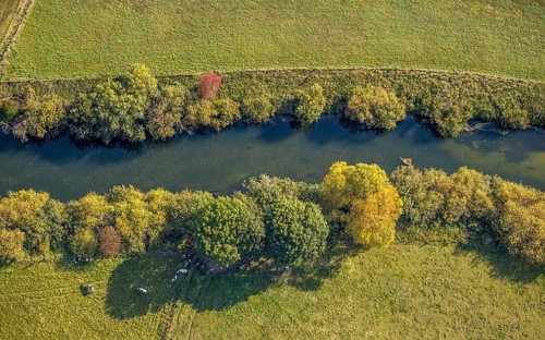 Aerial view, Lippe floodplains, river Lippe, Herzfeld, Lippetal, district Soest, North