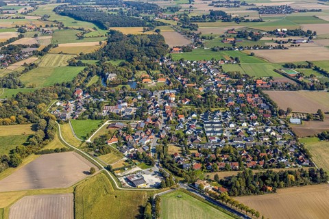 Aerial view, local view Hovestadt, moated castle Hovestadt, Hovestadt, Lippetal, district Soest,