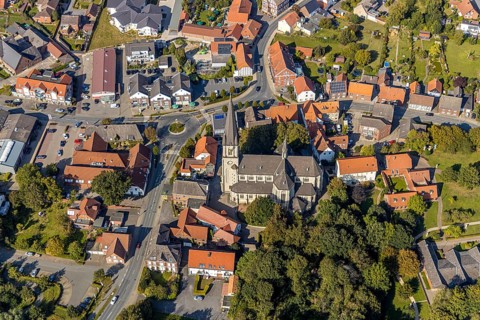 Aerial view, catholic church, pilgrimage basilica St. Ida, town centre Herzfeld, Lippetal, district