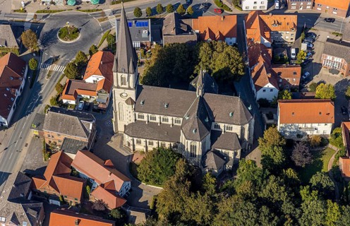 Aerial view, catholic church, pilgrimage basilica St. Ida, town centre Herzfeld, Lippetal, district