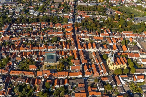 Aerial view, Old Town, Evang.Luth. church St. Nicolai, market place, town hall, Lemgo, East
