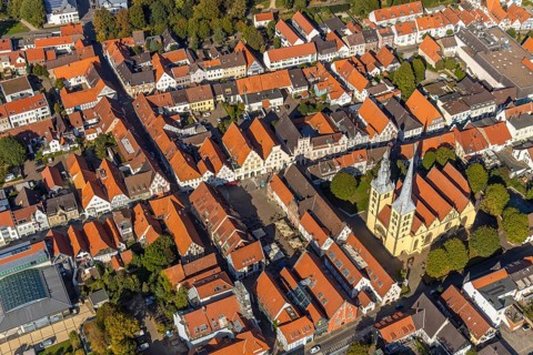 Aerial view, Old Town, Evang.Luth. church St. Nicolai, market place, town hall, Lemgo, East