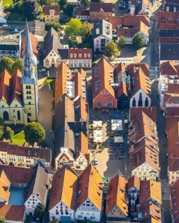 Aerial view, Old Town, Evang.Luth. church St. Nicolai, market place, town hall, Lemgo, East