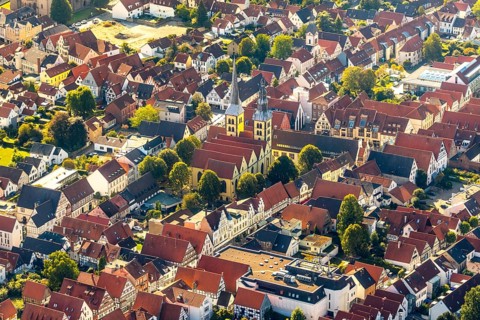 Aerial view, Old Town, Evang.Luth. church St. Nicolai, Lemgo, Ostwestfalen-Lippe, OWL, North