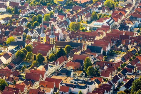 Aerial view, Old Town, Evang.Luth. church St. Nicolai, Lemgo, Ostwestfalen-Lippe, OWL, North