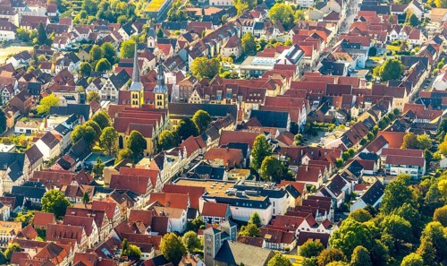 Aerial view, Old Town, Evang.Luth. church St. Nicolai, Lemgo, Ostwestfalen-Lippe, OWL, North