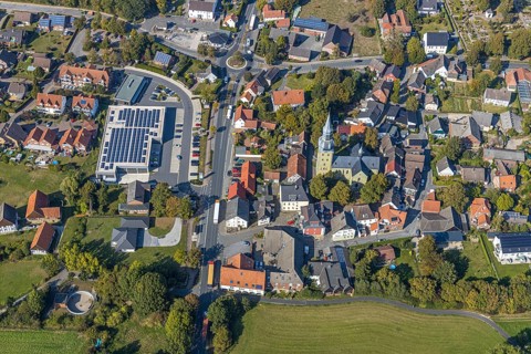 Aerial view, local view, St. Stephanus Kirche, Oestinghausen, Lippetal, Kreis Soest, North