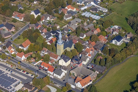 Aerial view, town view, St. Stephanus Kirche, Oestinghausen, Lippetal, Kreis Soest, North