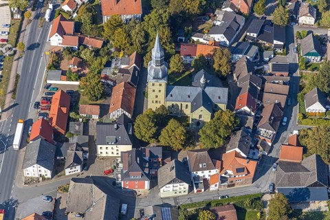 Aerial view, town view, St. Stephanus Kirche, Oestinghausen, Lippetal, Kreis Soest, North