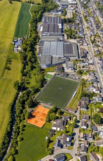 Aerial view, sports ground SSV Elspe, commercial area Elspe, Lennestadt, Sauerland, North
