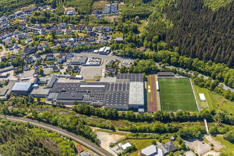 Aerial photo, Hensel Werk, sports field FC Lennestadt, Meggen, Lennestadt, Sauerland, North