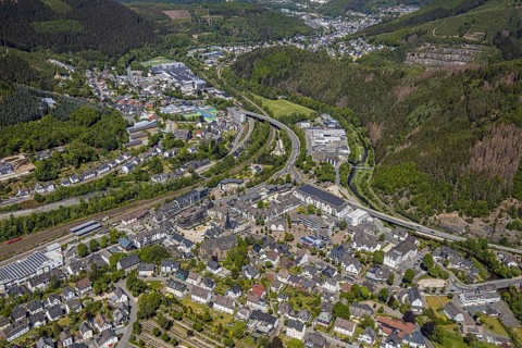 Aerial view, local view Altenhundem, St. Josefs-Hospital Lennestadt, city administration town hall