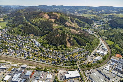Aerial view, commercial area and residential area Altenhundem, Lennestadt, Sauerland, North