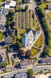Aerial view, catholic church St. Jakobus der Ältere, cemetery Elspe, Elspe, Lennestadt, Sauerland,
