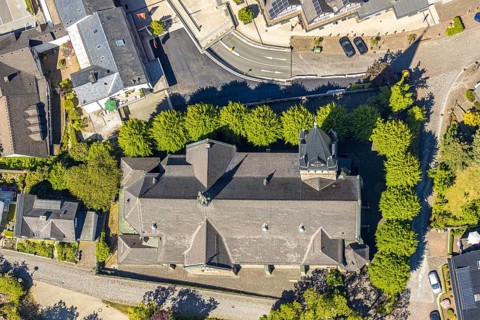 Aerial view, Catholic parish church of St. Agatha, Altenhundem, Lennestadt, Sauerland, North
