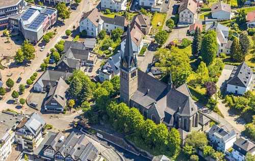 Aerial view, Catholic parish church of St. Agatha, Altenhundem, Lennestadt, Sauerland, North