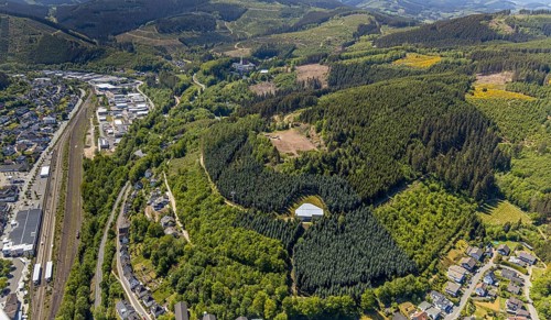 Aerial view, Lennestadt-Altenhundem railway station, construction site in the forest sports field