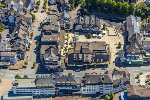 Aerial view, market place, shopping centre, Altenhundem, Lennestadt, Sauerland, North