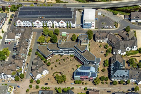 Aerial view, town hall Lennestadt, HIT Handelsgruppe GmbH, Thomas-Morus-Platz, Altenhundem,