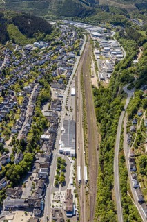 Aerial view, Lennestadt-Altenhundem railway station, Hundem Lenne Center, commercial area railway