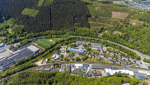 Aerial view, secondary school Hundem-Lenne, St. Barbara-Schule Meggen, theatre of the city of