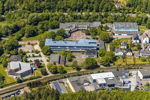 Aerial view, secondary school Hundem-Lenne, St. Barbara-Schule Meggen, theatre of the city of