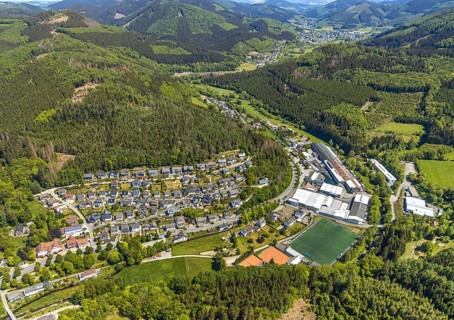 Aerial view, Langenei sports field, Fredeburger Straße commercial area, Langenei town view,