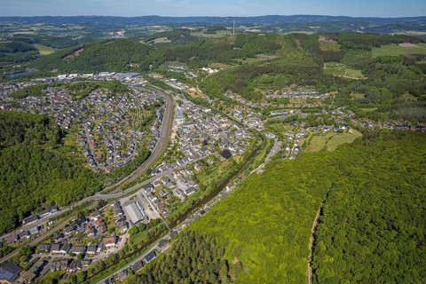 Aerial view, view of Meggen, Lennestadt-Meggen railway station, Rayonex Biomedical GmbH,