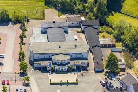 Aerial view, Sauerlandhalle, Altenhundem, Lennestadt, Sauerland, North Rhine-Westphalia, Germany,