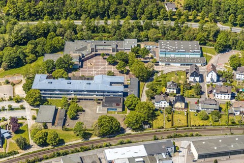 Aerial view, secondary school Hundem-Lenne, St. Barbara-Schule Meggen, theatre of the city of
