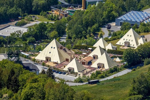 Aerial photo, Galileo-Park, Sauerland Pyramids, Mining Museum Siciliaschacht, Lennestadt,