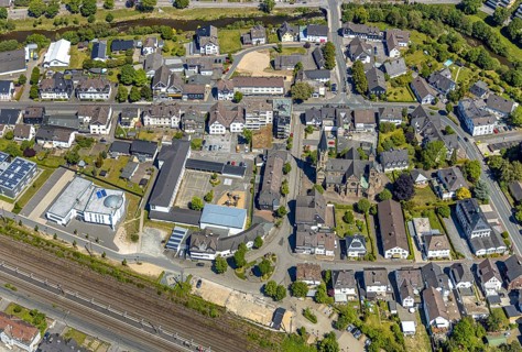 Aerial view, Franziskus-Schule Meggen, DITIB Yesil Mosque Lennestadt, Catholic Church of St.
