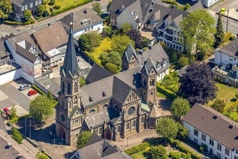 Aerial view, Catholic Church of St. Bartholomew, Meggen, Lennestadt, Sauerland, North