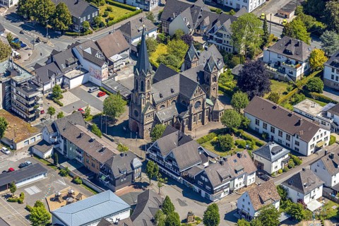 Aerial view, Catholic Church of St. Bartholomew, Meggen, Lennestadt, Sauerland, North