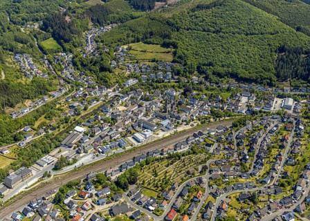 Aerial view, view of Meggen, Lennestadt-Meggen railway station, Rayonex Biomedical GmbH,