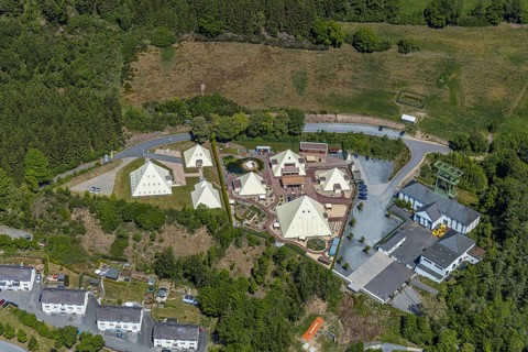 Aerial view, Galileo-Park, Sauerland Pyramids, Mining Museum Siciliaschacht, Lennestadt, Sauerland,