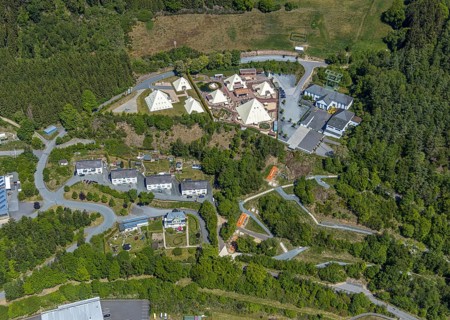Aerial view, Galileo-Park, Sauerland Pyramids, Mining Museum Siciliaschacht, Lennestadt, Sauerland,