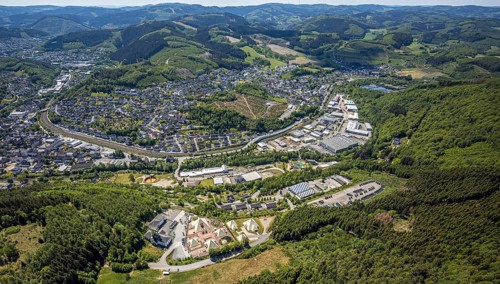 Aerial view, Galileo-Park, Sauerland Pyramids, Mining Museum Siciliaschacht, view to Meggen,
