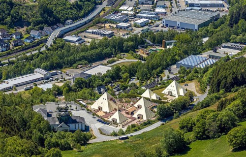 Aerial view, Galileo-Park, Sauerland Pyramids, Mining Museum Siciliaschacht, Lennestadt, Sauerland,