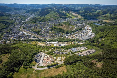Aerial view, Galileo-Park, Sauerland Pyramids, Mining Museum Siciliaschacht, view to Meggen,