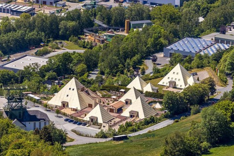 Aerial view, Galileo-Park, Sauerland Pyramids, Mining Museum Siciliaschacht, Lennestadt, Sauerland,