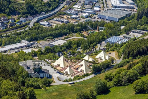 Aerial view, Galileo-Park, Sauerland Pyramids, Mining Museum Siciliaschacht, Lennestadt, Sauerland,
