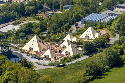 Aerial view, Galileo-Park, Sauerland Pyramids, Mining Museum Siciliaschacht, Lennestadt, Sauerland,
