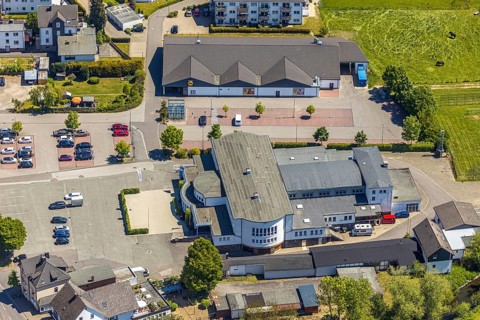 Aerial view, Sauerlandhalle, Altenhundem, Lennestadt, Sauerland, North Rhine-Westphalia, Germany,