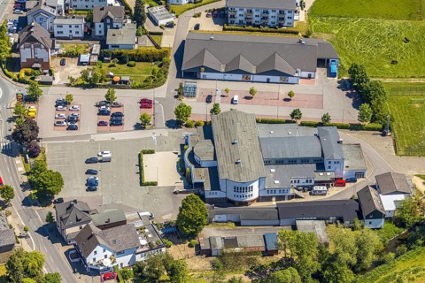 Aerial view, Sauerlandhalle, Altenhundem, Lennestadt, Sauerland, North Rhine-Westphalia, Germany,