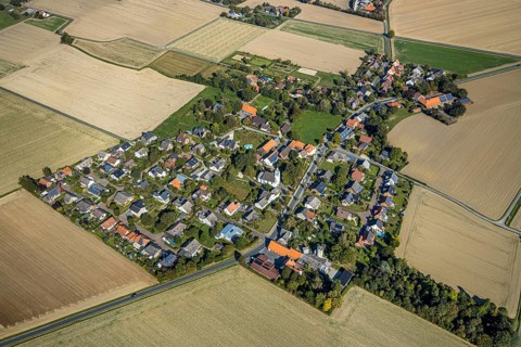 Aerial view, local view Schoneberg, catholic church St. Johannes, Bürgerhaus Schoneberg, Lippetal,