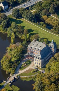 Aerial view, moated castle Hovestadt, baroque garden, Hovestadt, Lippetal, district Soest, North